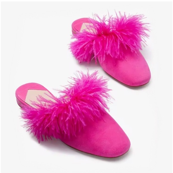 ♠️kate spade Marabou Magenta Suede Dahlia Feather Mules Slide NIB - Picture 2 of 7